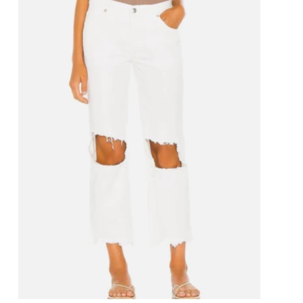 We the Free Free People Maggie mid rise ripped button fly white jeans sz 26